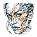 portrait of a woman cracked porcelain face, futuristic look, close-up, long hair, fragile, emotional, color tattoo design idea