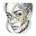 portrait of a woman cracked porcelain face, futuristic look, close-up, long hair, fragile, emotional, color tattoo design idea