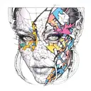 portrait of a woman cracked porcelain face, futuristic look, close-up, long hair, fragile, emotional, color tattoo design idea