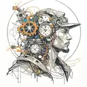 portrait of a man covered wit h vines, clocks, bolts,   bold colors, steampunk, Style Of Josef Kote, cyberpunk, grunge tattoo design idea