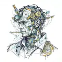 portrait of a man covered wit h vines, clocks, bolts,   bold colors, steampunk, Style Of Josef Kote, cyberpunk, grunge tattoo design idea