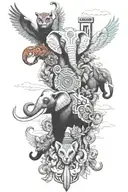 totem pole with each section being a different annal. with elephant, owl, red panda, whale, panther tattoo design idea