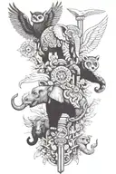 totem pole with each section being a different annal. with elephant, owl, red panda, whale, panther tattoo design idea