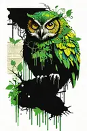 perched owl on branch, dripping water paint stylize symbols hidden, keys, bolts, vines branches collage, newspaper tattoo design idea