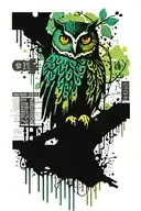 perched owl on branch, dripping water paint stylize symbols hidden, keys, bolts, vines branches collage, newspaper tattoo design idea