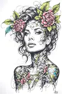 portrait of a beautiful woman covered in vines and flowers, whirlwind,  bold colors,  tattoo design idea