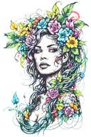 portrait of a beautiful woman covered in vines and flowers, whirlwind,  bold colors,  tattoo design idea