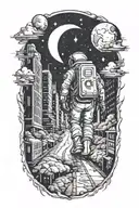 Astronaut walking down road through abandoned metropolis crumbling skyscrapers under a starry sky with crumbling moon, tattoo design idea