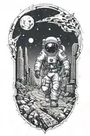 Astronaut walking down road through abandoned metropolis crumbling skyscrapers under a starry sky with crumbling moon, tattoo design idea