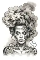 portrait of a woman covered in cloud of smoke, whirlwind,  hints of pastel, misty,  tattoo design idea