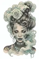 portrait of a woman covered in cloud of smoke, whirlwind,  hints of pastel, misty,  tattoo design idea