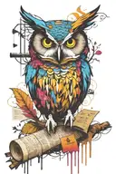 perched owl on branch, dripping water paint stylize symbols hidden, keys, bolts, vines branches collage, newspaper tattoo design idea