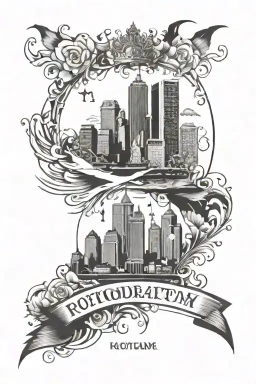 Design a tattoo featuring the skyline of Rotterdam with a CEO crown on top tattoo design idea