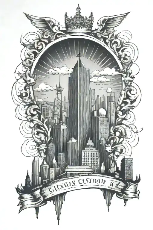 Design a tattoo featuring the skyline of Rotterdam with a CEO crown on top tattoo design idea