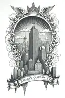 Design a tattoo featuring the skyline of Rotterdam with a CEO crown on top tattoo design idea