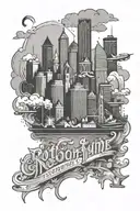Design a tattoo featuring the skyline of Rotterdam with a CEO crown on top tattoo design idea
