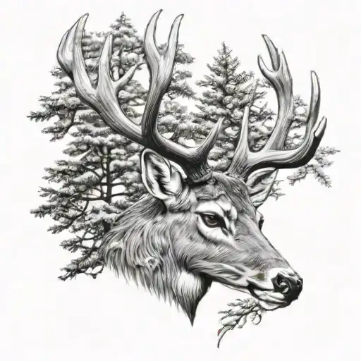 whitetail deer head with trees tattoo design idea