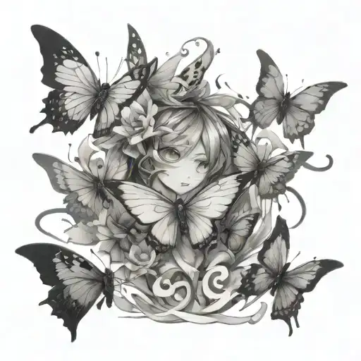 sketch for sleeve tattoo: Genshin impact, several small Charon Butterflies around Boo Tao tattoo design idea