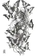 sketch for sleeve tattoo: Genshin impact, several small Charon Butterflies around Boo Tao tattoo design idea