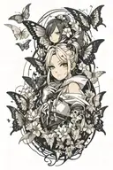 sketch for sleeve tattoo: Genshin impact, several small Charon Butterflies around Boo Tao tattoo design idea