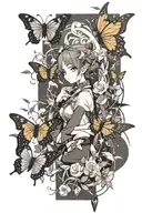 sketch for sleeve tattoo: Genshin impact, several small Charon Butterflies around Boo Tao tattoo design idea