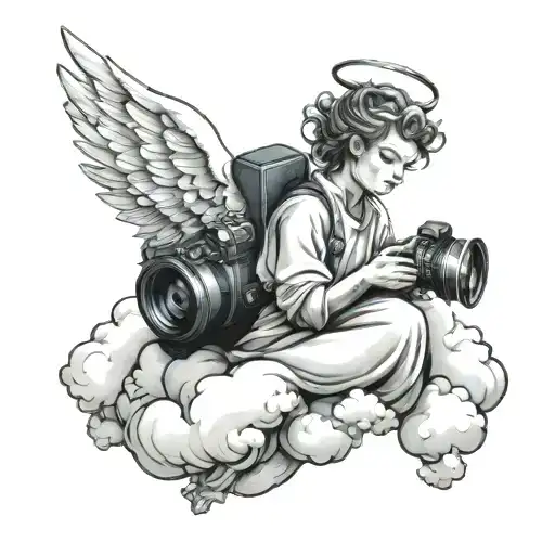 angel on a cloud with camera lens tattoo design idea