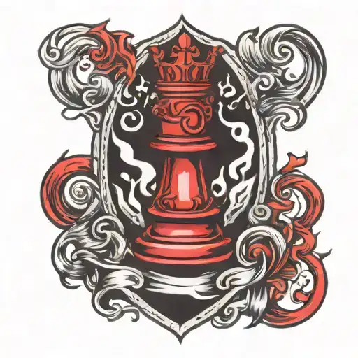 red chess piece, smoke and flames back ground paying respect tattoo design idea