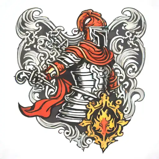 red knight chess piece, smoke and flames back ground tattoo design idea