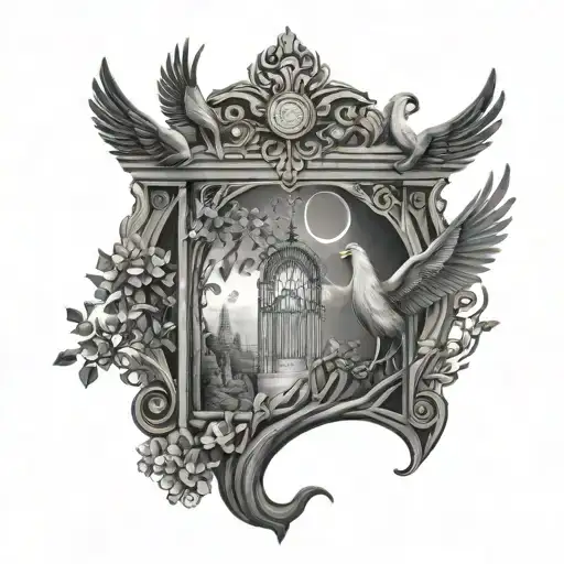 gate of heaven, liverbird, tree of life back tattoo tattoo design idea