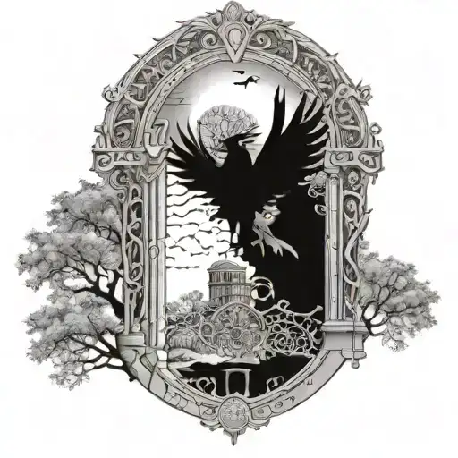 gate of heaven with man walking through, liverbird, tree of life, "youll never walk alone" quote tattoo design idea