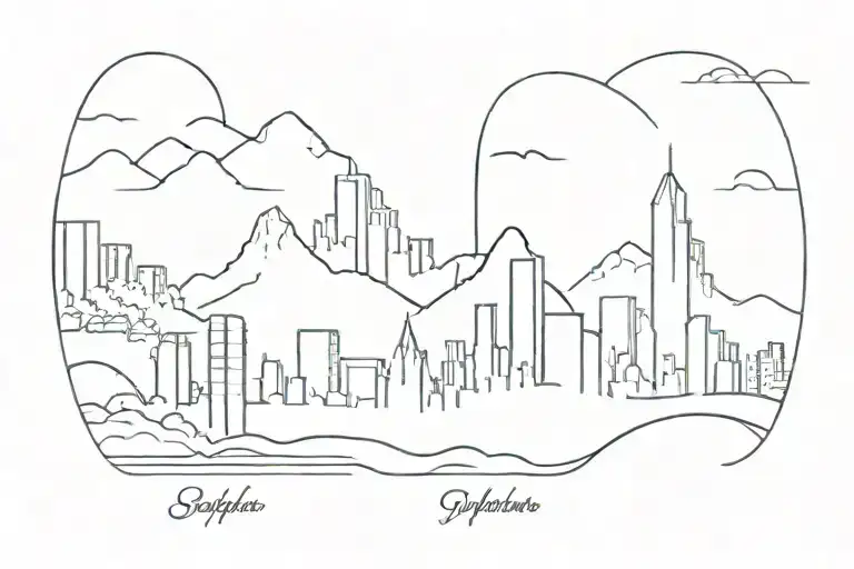 city skyline transitions to mountain landscape tattoo design idea