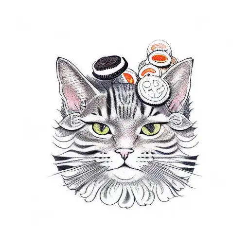Oreo cookie with cat tail, ears and paws jumping tattoo design idea