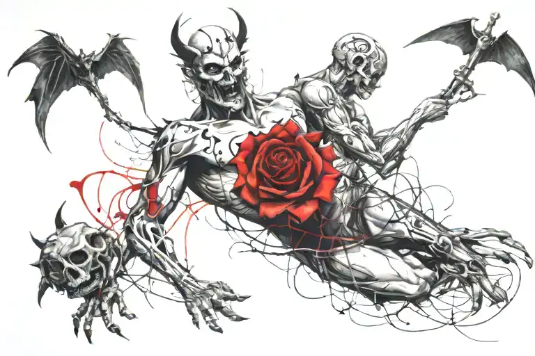 Tattoo of demons, ripping through my skin from my legs up to my stomach. Angels, roses And bio mechanical on my arms  tattoo design idea
