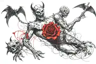 Tattoo of demons, ripping through my skin from my legs up to my stomach. Angels, roses And bio mechanical on my arms  tattoo design idea