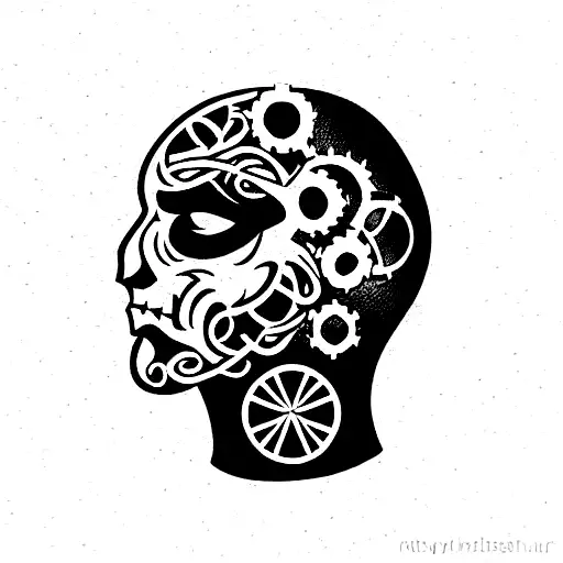 intricate detailed head hawk. Dice arround. Gear half circle.. tattoo design idea