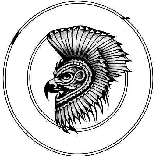 intricate detailed head hawk. Dice. Gear half circle arround. tattoo design idea