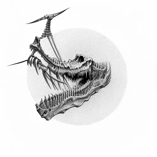 A Spinosaurus skeleton emerging from a black hole tattoo design idea