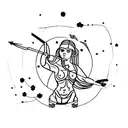 A minimalist tattoo of a female centaur holding a bow and arrow, with the Sagittarius constellation incorporated into the background. tattoo design idea