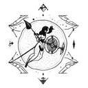A minimalist tattoo of a female centaur holding a bow and arrow, with the Sagittarius constellation incorporated into the background. tattoo design idea