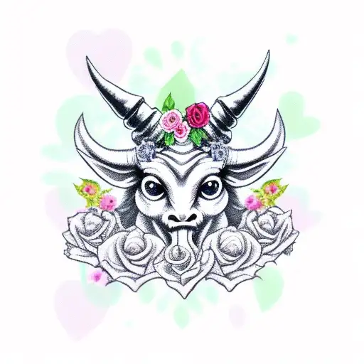 Cute Baphomet on a background of roses and hearts tattoo design idea