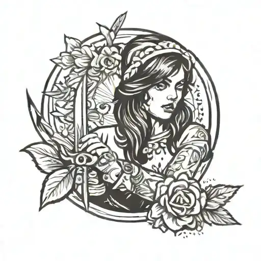 girl and knife tattoo design idea