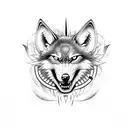 A demonic wolf with Korean traditional patterns and a stethoscope around its neck tattoo design idea