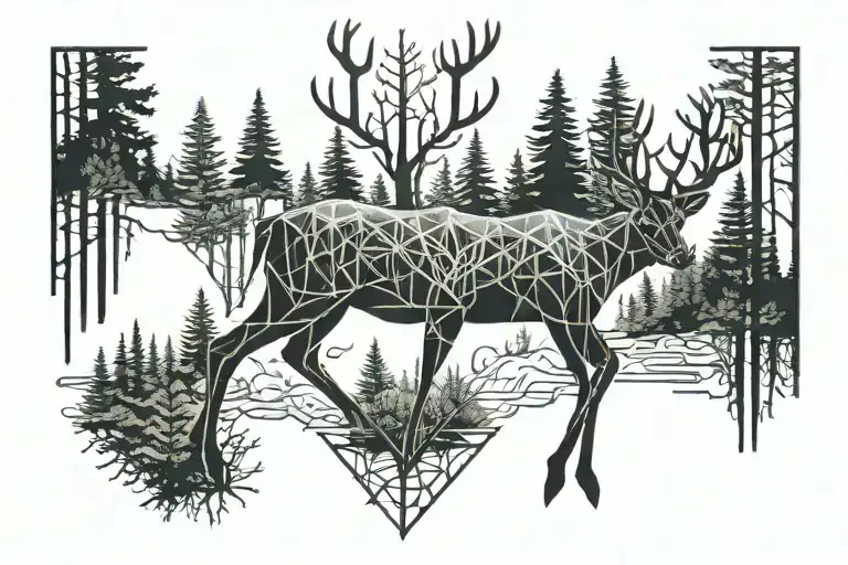 Forest blackout symmetrical geometric  deer tattoo design idea