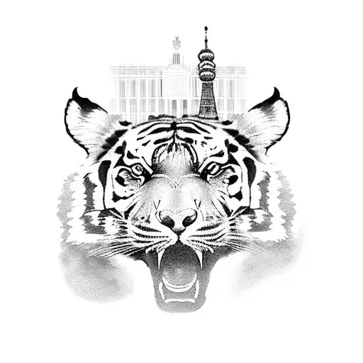 A blackwork tattoo of a tiger playing a guitar with Madrid's iconic landmarks in the background tattoo design idea
