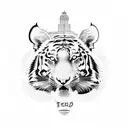 A blackwork tattoo of a tiger playing a guitar with Madrid's iconic landmarks in the background tattoo design idea