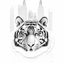 A blackwork tattoo of a tiger playing a guitar with Madrid's iconic landmarks in the background tattoo design idea