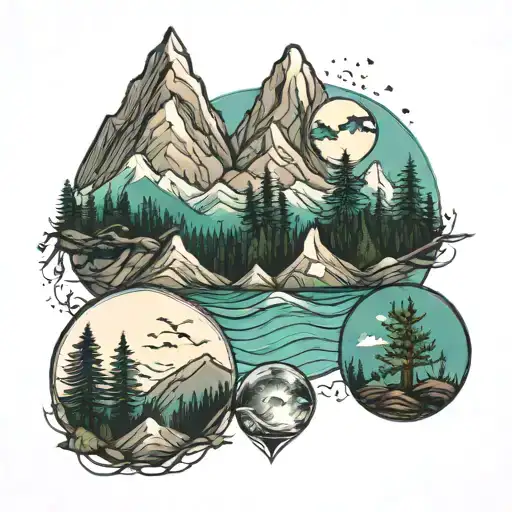 3 tattoos, 1 of a mountain, 1 of a ocean, 1 of a forest tattoo design idea