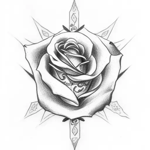rose with 3 crosses with a hand holding the rose tattoo design idea