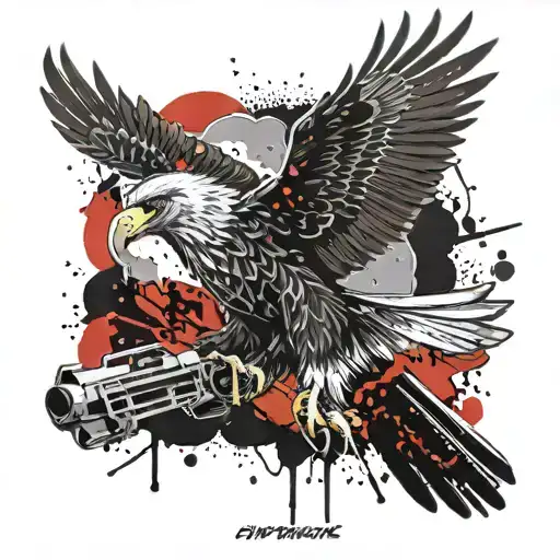 A traditional style tattoo of a majestic eagle soaring through the sky, carrying a replica airsoft gun in its talons tattoo design idea