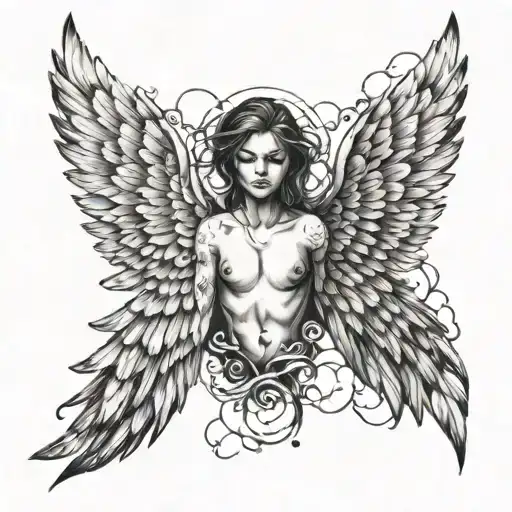 angel wings with portraits inside the feathers, clouds in the sky, scorpion crawling  tattoo design idea